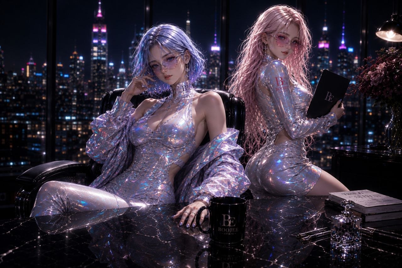 Boojee Sisters in chrome couture inside a luxury nighttime estate command room
