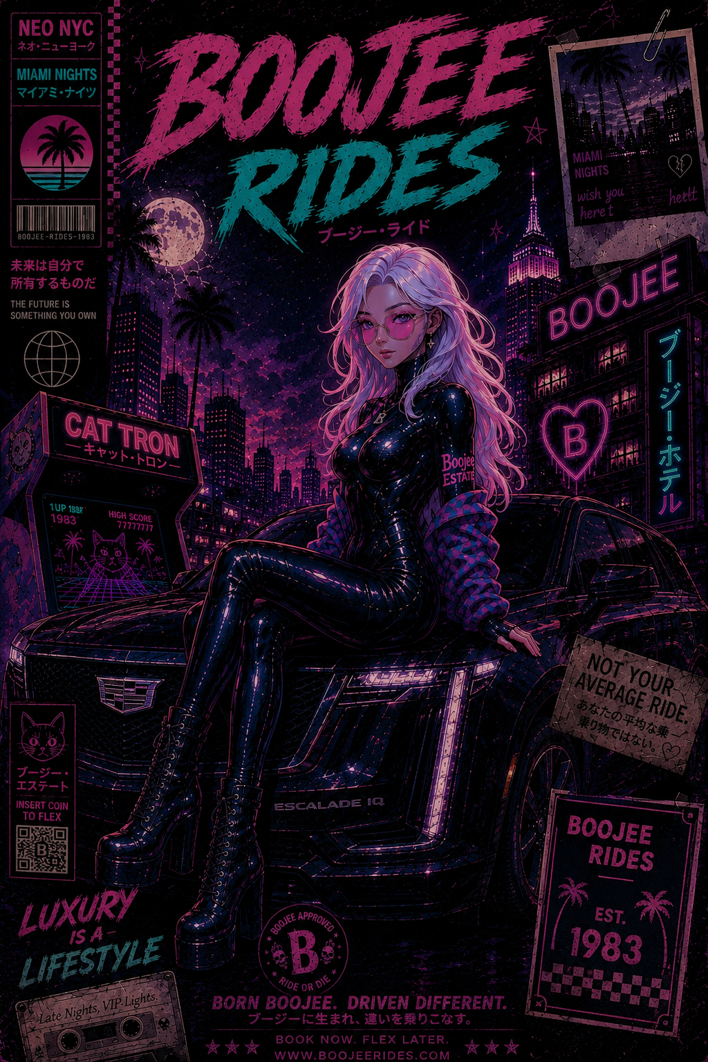 BOOJEE Rides poster — Noir colorway. MISTRESS in black moto suit on Escalade IQ. Neon city.