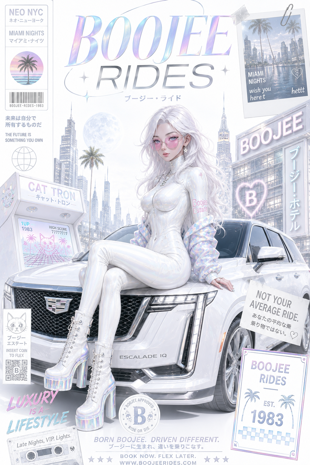 BOOJEE Rides poster — Pearl colorway. MISTRESS in white bodysuit on Escalade IQ. NEO NYC / MIAMI NIGHTS.